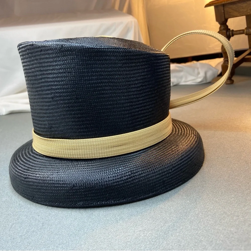 Philip Treacy London Asymmetrical‎ Navy Straw Hat with Sculptural Bow